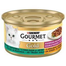 Konzerva Gourmet GOLD - grilované a dusené kúsky mäsa s králikom a pečeňou, 85g